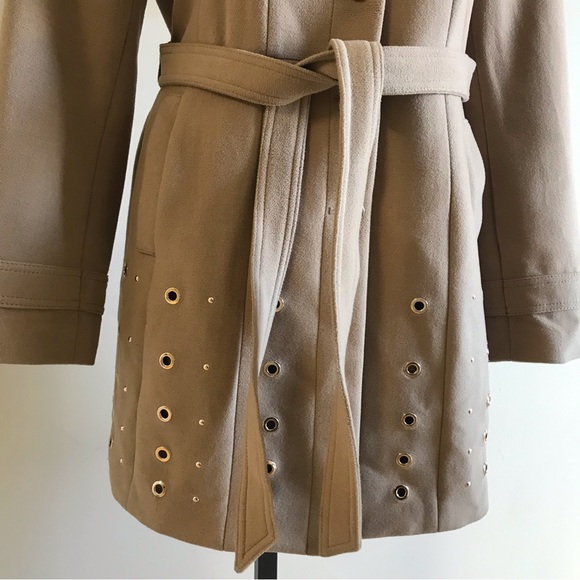 White House Black Market Eyelet Studded Coat Belted Jacket Tan Gold Size Large - Picture 4 of 13